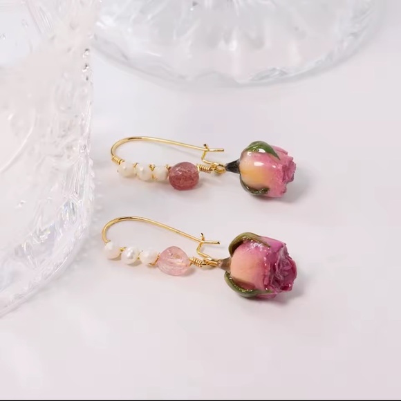 Rosebud Drop Earrings with Pearls & Crystals - Picture 11 of 13